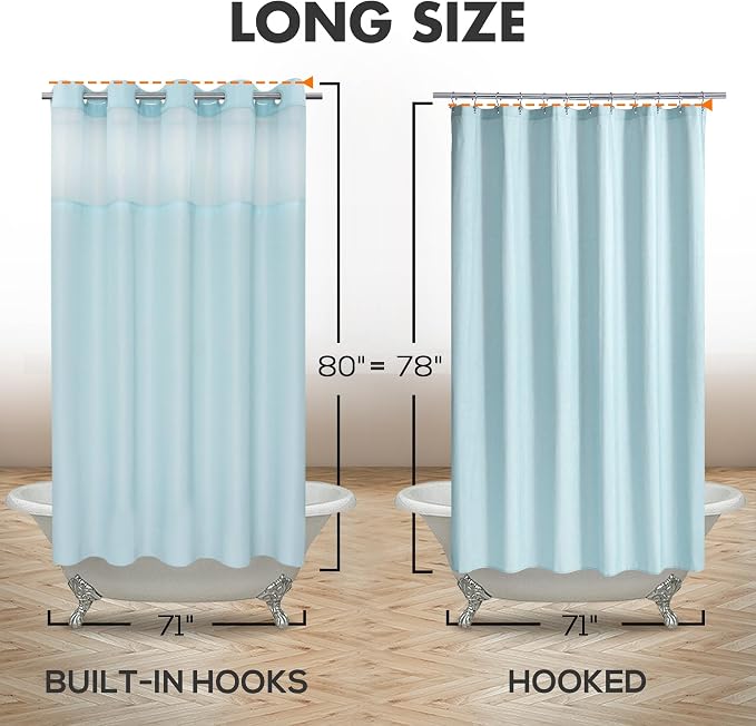 River Dream No Hook Long Shower Curtain with Snap-in Liner 71x80, Blue | Snap on/off Waterproof PEVA Liner, See Through Top Window, Slub Textured, Hotel Style Shower Curtain Set, 71W x 80H