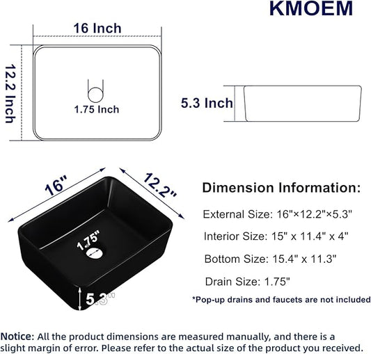 Vessel Sink 16"x12" Rectangular Bathroom Sink Modern Black Porcelain Ceramic Above Counter Drop-in Vanity Sink for Bathrooms Art Basin