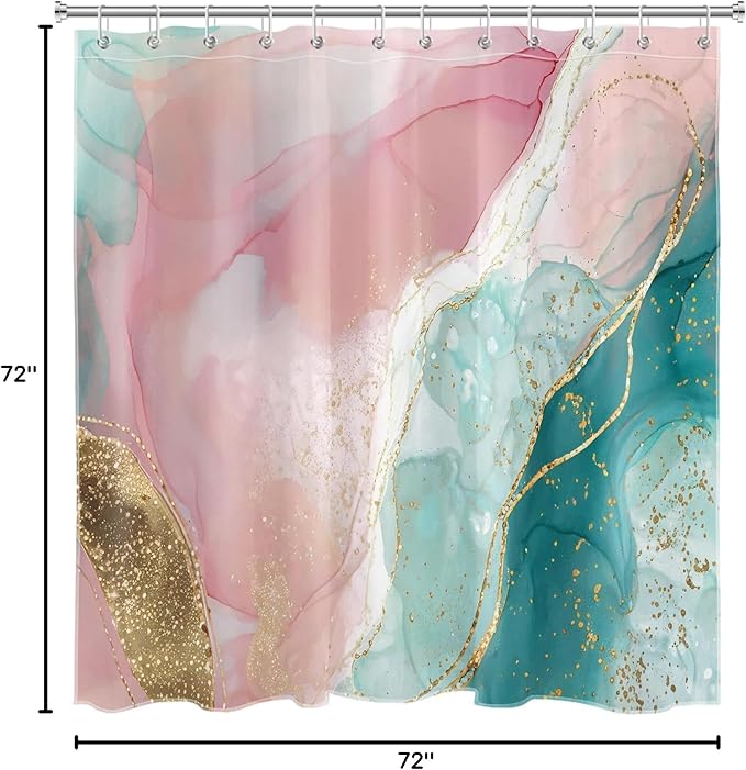 HVEST Pink Marble Shower Curtain for Bathroom,Turquoise Marble Luxury Shower Curtain with Hooks,Modern White and Gold Abstract Bathroom Shower Curtain Set Bathroom Decor,72L X 72W inches