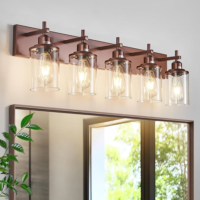 5-Light Bronze Bathroom Light Fixtures Over Mirror,Modern Bathroom Vanity Light with Clear Glass Shade, Wall Sconce for Bathroom Hallway Cabinet Bedroom Kitchen Living Room Foyer E26 Base