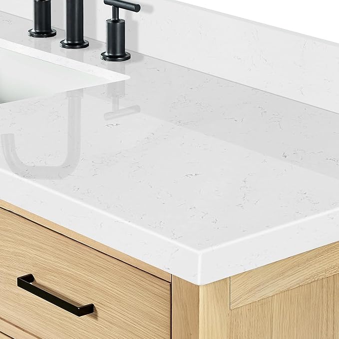ARIEL 66 inch Bathroom Vanity top with Sink, 1.5 Inch Thick Miter Edge Carrara White Quartz top, Rectangle Single Porcelain Sink, Includes Backsplash