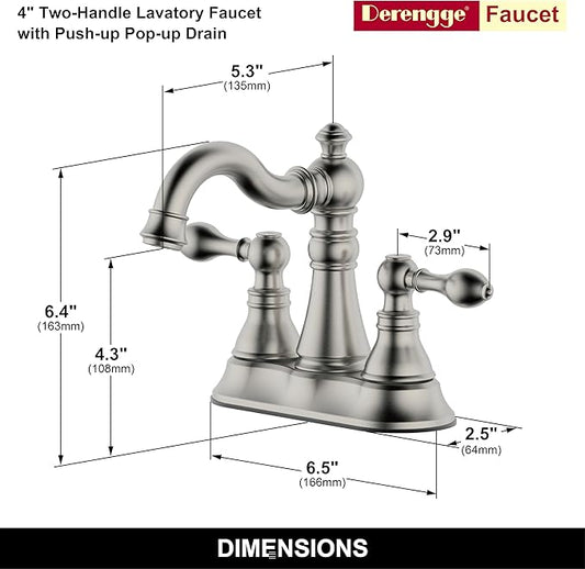 Two Handle Bathroom Faucet Brushed Nickel Bathroom Lavatory Sink Faucet 3 Hole with Pop up Drain Assembly, Classic 4 Inch Centerset with 360° Swivel Spout,2 Pack,BF-0048D-BN