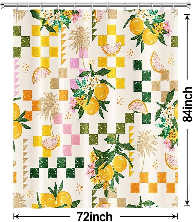 Yellow Lemon Shower Curtain with Hooks for Bathroom 72x84 Inch | Waterproof Summer Green and Pink Citru Fruits Shower Curtain Set, Soft Bathroom Decor, Machine Washable