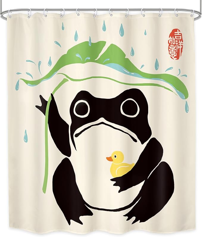 LGhtyro Funny Frog Shower Curtain Bathroom Set 60Wx71H Inches Asian Duck Traditional Art Japanese Cute Animal Taking Lotus Leaf Rain Bath Accessories Lovely Art Home Decor Fabric 12 Pack Hooks
