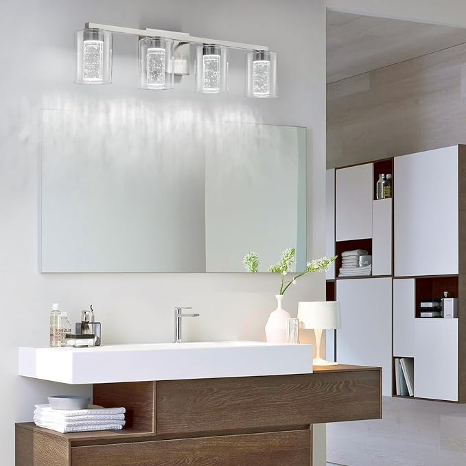 SineRise 4-Light Brushed Nickel Vanity Light with 3 Color Modes (3000K/4000K/6000K), Eye Protection LED Bathroom Light Fixture, Dimmable Modern Wall Light Over Mirror with Clear Glass Shade