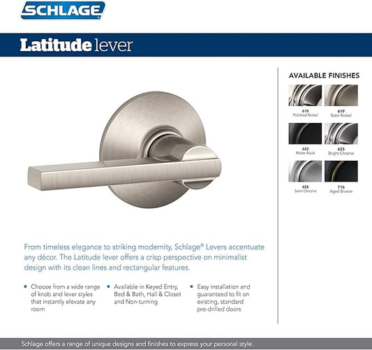 Schlage F40 V LAT 622 Latitude Door Lever, Bed & Bath Privacy Lock, Matte Black
