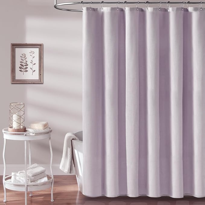 Long Linen Textured Waterproof Shower Curtain Set, 72x84, Lavender | Tall Size, 230GSM Polyester, Heavy Duty Cloth, Weighted Hem, 12 Plastic Hooks, Modern Luxury Hotel Style, Machine Washable
