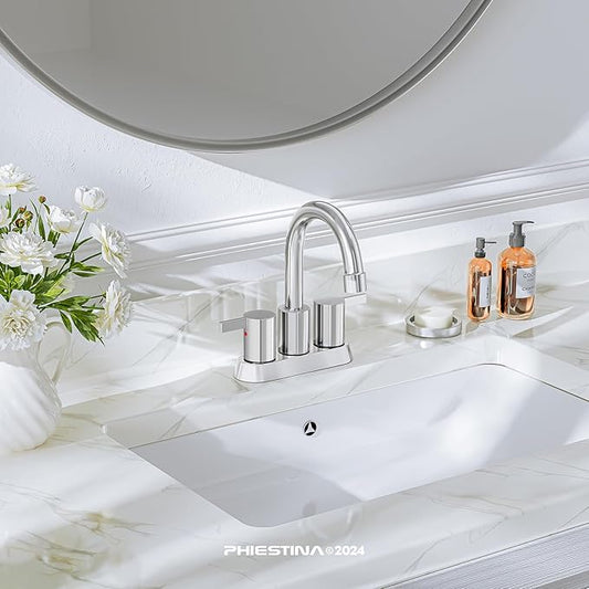 Phiestina 4 Inch Centerset 2 or 3 Holes 2 Handle Chrome Lead-Free Bathroom Faucet, Swivel Spout with Copper Pop Up Drain and 2 Water Supply Lines, BF015-1-C