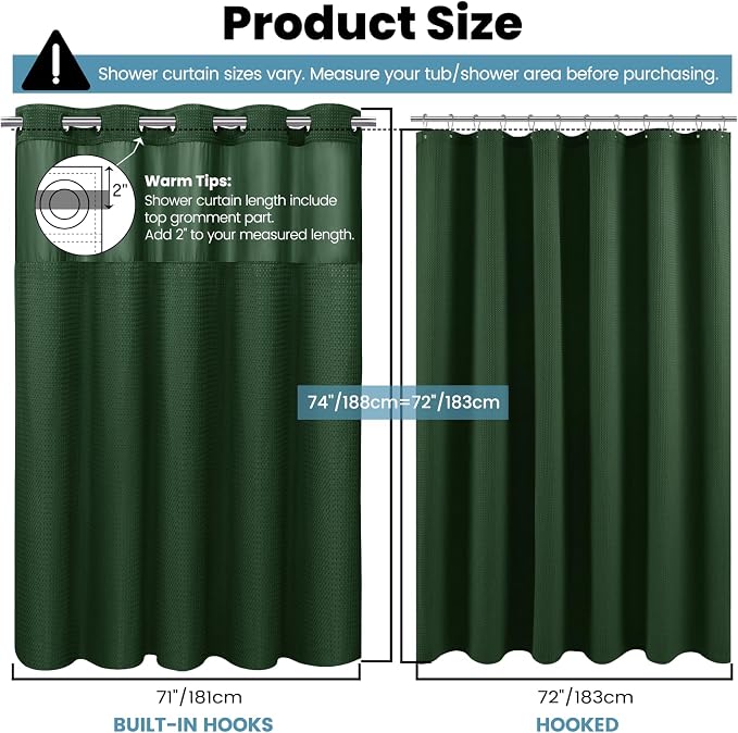 SORTTO No Hook Shower Curtain with Snap in Liner Set Waffle Shower Curtain for Bathroom Hotel Style Fabric Waterproof Inner Liner,71" W x 74" H, Dark Green