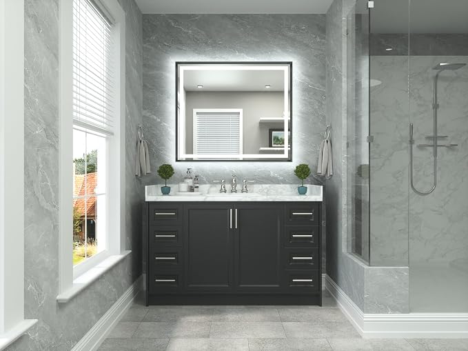 42 x 36 Bathroom LED Mirror Brushed Gunmetal Gray/Off‑Black Metal Frame Frontlit & Backlit Vanity Mirror Anti-Fog Stepless Dimmable 3 Colors White/Warm/Natural Mirror with Lights Wall-Mounted