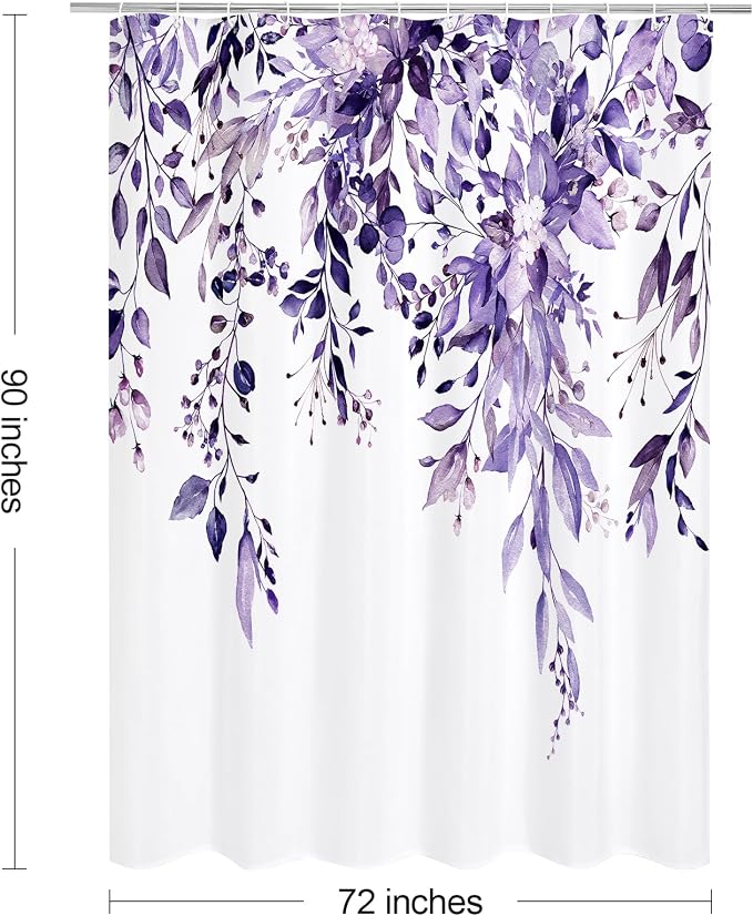 Purple Eucalyptus Shower Curtain, Watercolor Floral Print, 72x90 | Watercolor Plant Leaves Floral Print, Waterproof Fabric Bathroom Decor, Machine Washable, Rustproof Grommets