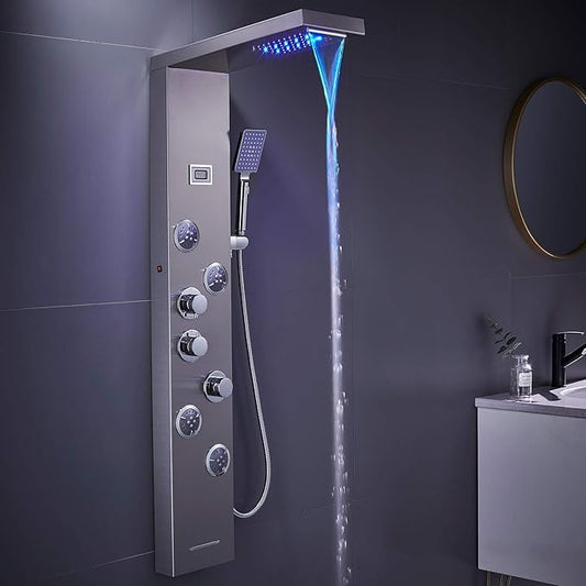 MENATT LED Shower Panel Tower System, 6 in 1 Stainless Steel LED Shower Column, Rainfall & Waterfall Head, Massage Jets, Tub Spout, Handheld Shower(Brushed)