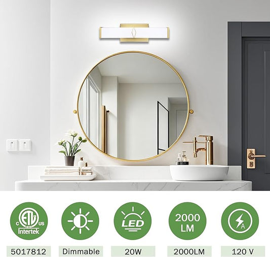 16 Inch Bathroom Vanity Light 2000LM, 5700K Daylight White Modern Bathroom Light Dimmable, AC 120V 20W Gold LED Vanity Lighting Fixtures Wall Sconce ETL Certified, 1Pack