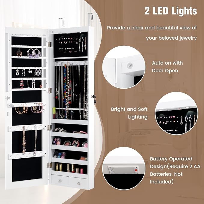 LOKO Mirrored Jewelry Armoire, Wall/Door Mounted Jewelry Cabinet with Full-Length Mirror, Lockable Jewelry Storage Organizer with 2 Drawers & 2 LED Lights, for Girls Women Gift Bedroom (White)
