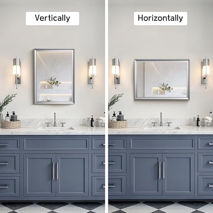 Brushed Nickel Bathroom Mirrors for Over Sink 22x30 Inch | Silver Rectangle Vanity Mirror, Wall Decor for Bedroom, Entryway, Living Room, Aluminum Framed, Curved Wide Edge, Anti-Rust