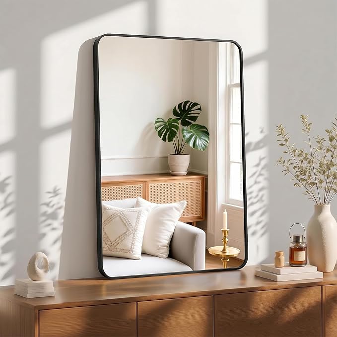 OLIXIS 38x26 Inch Bathroom Wall Mount Mirror with Rounded Rectangle, Black | Modern Wall Vanity Mirrors for Over Sink with Matte Brush Metal Framed, for Home Decor, Living Room, Bedroom