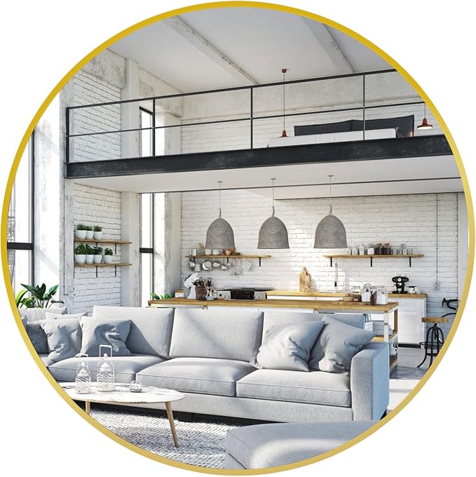 30 Inch Gold Round Circle Mirror for Bathroom Wall, Metal Frame | HD tempered glass for clear, distortion-free reflection. Mounting hardware included for vertical or horizontal wall mount.