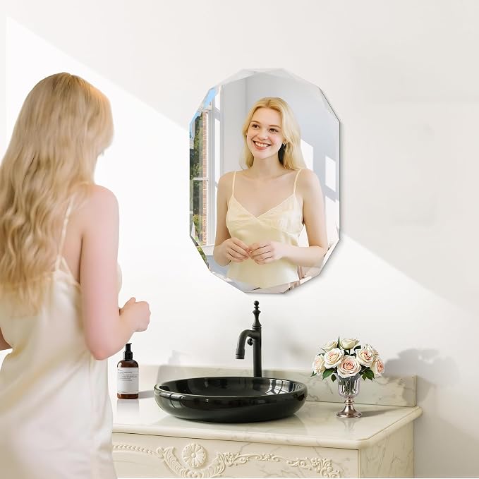 GLASHOM Frameless Bathroom Mirror, 16" x 24" Beveled Oval Wall Mirror for Over Sink, 16 Inch Modern Decorative Vanity Mirror for Bedroom, Living Room, Entryway, Hanging Mirror Horizontal or Vertical
