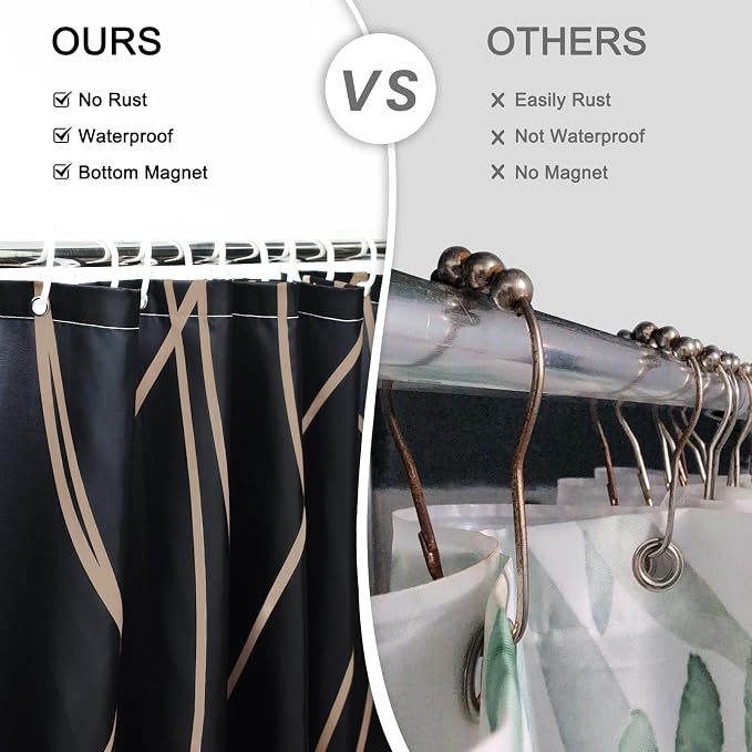 Striped Shower Curtain for Bathroom, Black Brown, 72" W x 72" L | with Hooks, Modern Hotel Style, Water Repellent, Washable, Weighted Hem