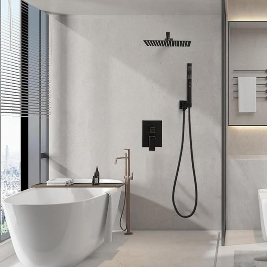 RUMOSE Shower Faucet Set Bathroom Rain Shower Head with Handheld, Bronze | 12 Inch Rainfall Shower System with Rough-in Valve, High Pressure, 2 in 1 Handheld, Brass, Wall Mount