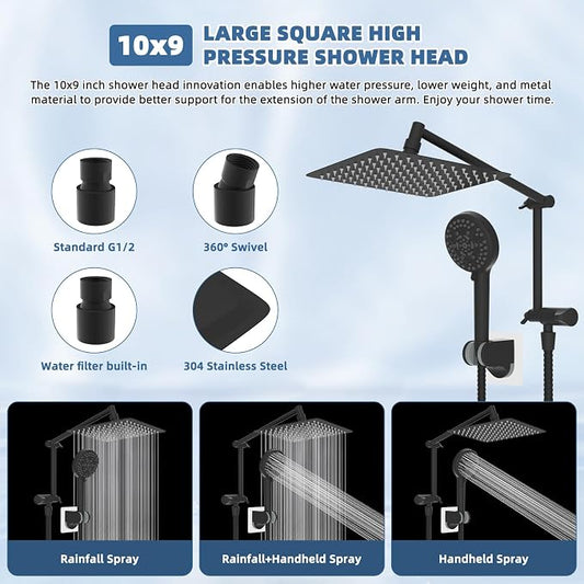 Metal 10" Rain Shower Head with Handheld, High-Pressure Showerhead,10-Mode | Black, Rainfall Shower Head with 5" Large Handheld Spray, Adjustable 16" Shower Extension Arm/71" Hose, Brass 3-Way Diverter