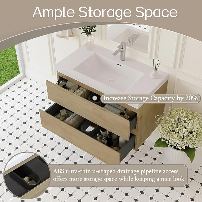 Floating Bathroom Vanity with Sink, 36" Wall-Mounted Bathroom Storage Cabinet with Resin Countertop & 2 Soft Close Drawers, Modern Stylish Vanity with Open Back Design, Easy to Clean, Oak