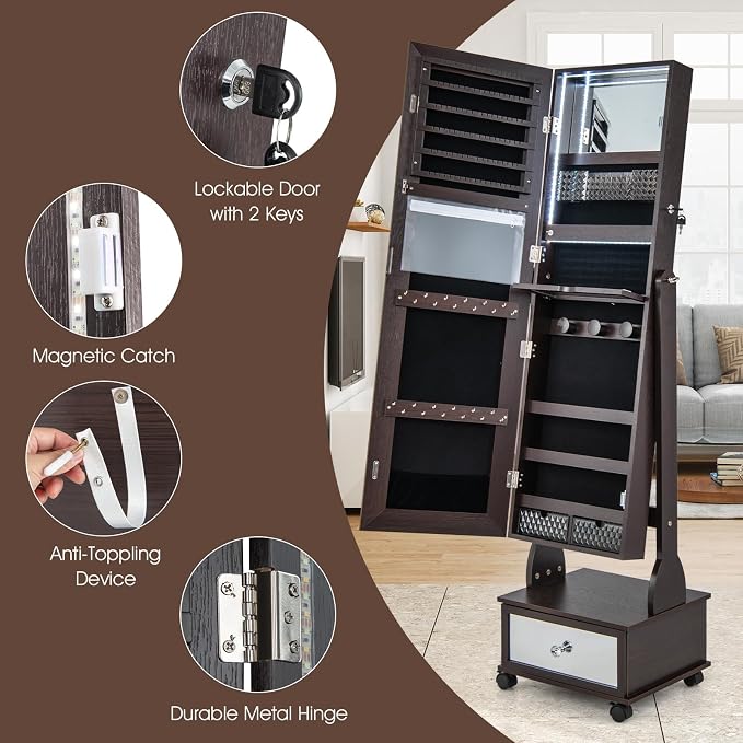 CHARMAID Rolling Jewelry Armoire with Full Length Mirror, Lockable Standing Jewelry Cabinet Organizer with Wheels & 3-Color Lights, Mirror with Jewelry Storage, Drawers & Shelves (Espresso)