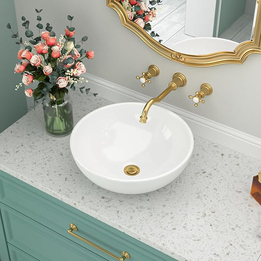 Round Bathroom Vessel Sink Bowl | Beslend 16x16 inch Modern Above Counter Sink White Porcelain Ceramic Art Basin