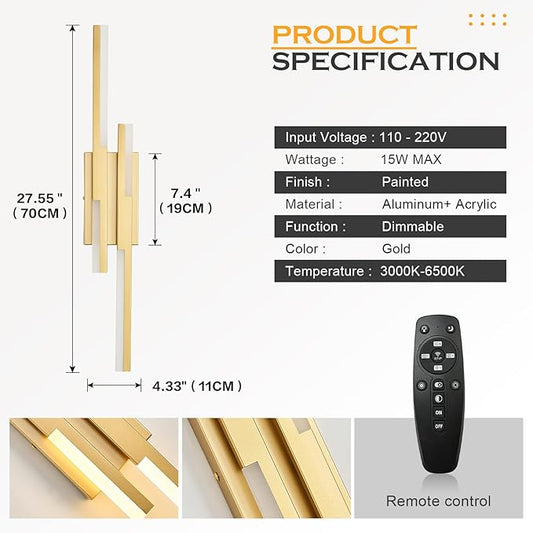 Modern LED Vanity Lights Set of 2, Gold Wall Sconce with Remote Control Dimmable Indoor Wall Light Bedside Remote Sconce for Bedroom Bathroom Living Dining Room (27.6inch 2 Pack)