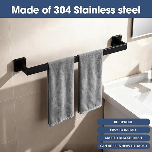 23.6 Inch Matte Black Bathroom Towel Bar Set, 2-Piece Square Wall Mounted Towel Rack, Wall Mounted 304 Stainless Steel Towel Holder for Bathroom