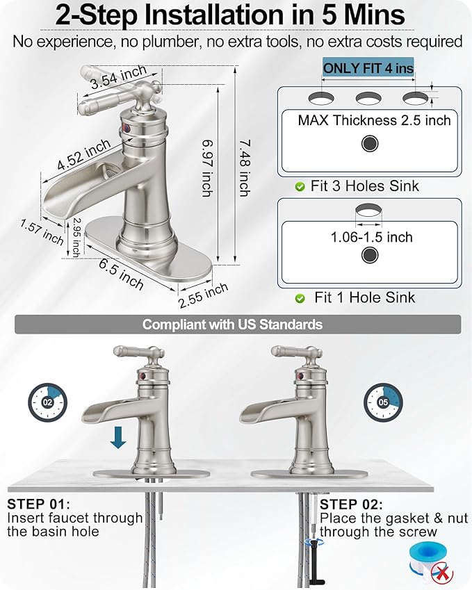 Brass Brushed Nickel Bathroom Faucet, Waterfall Faucet for Bathroom Sink 1 Hole or 4 Inch 3 Holes, One Handle with Deck Plate, Pop Up Drain & cUPC Supply Hoses for Modern Lavatory RV Washroom