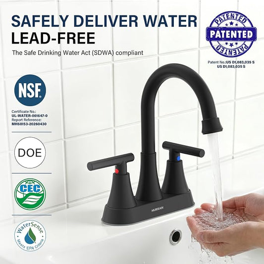 Matte Black Bathroom Faucet, Hurran 4 inch Centerset 2-Handle Lead-Free | Bathroom Sink Faucet with Pop-up Drain and Supply Lines, Stainless Steel Faucet for Vanity RV Restroom Laundry Outdoor Sink