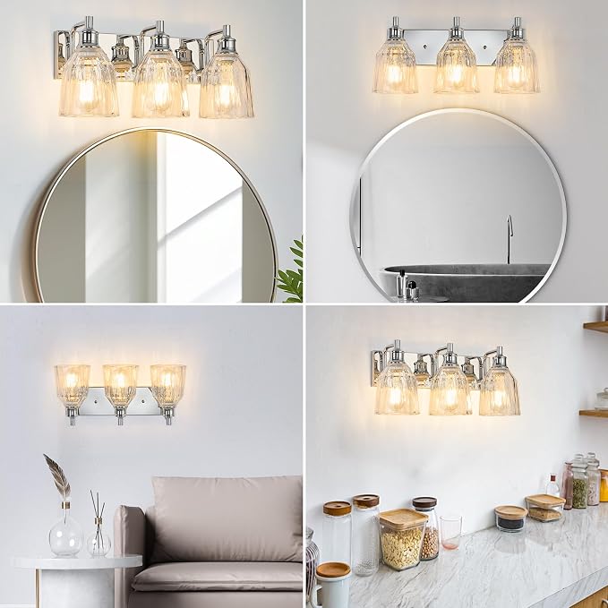 3 Light Bathroom Light Fixtures Modern Chrome Vanity Lights for Bathroom Lighting Fixtures Over Mirror with Thickened Glass Shade for Cabinet Mirror Bedroom Hallway