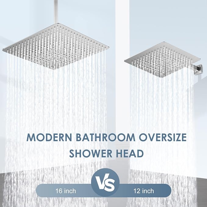 16 inch Brushed Nickel Large Rain Shower Head - All Metal 304 Stainless Steel, Full Body Rainfall Shower with 324 Silicone Nozzles - Waterfall Bathroom Square Showerheads, Ceiling Mounted