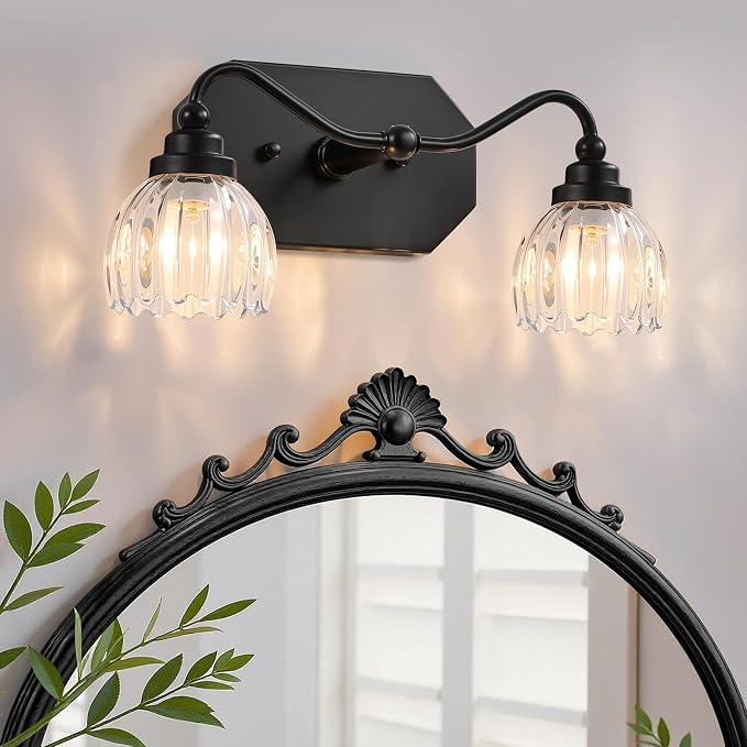 Vintage 2 Light Vanity Lights,Black Matte Antique Finish | Clear Tulip Crystal Bathroom Light Fixture, Mid Century Style, Elegant Wall Sconce Ideal for Bedroom,Hallway, Easy to install