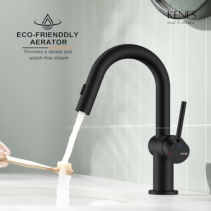 Pull Down Bathroom Faucet with Sprayer, Matte Black Vanity Faucet | Bathroom Sink Faucet with Pop Up Drain & 6 Inch Deck Plate, Lead-Free cUPC & NSF Certified, 1 Hole Faucet for Vanity RV Bar