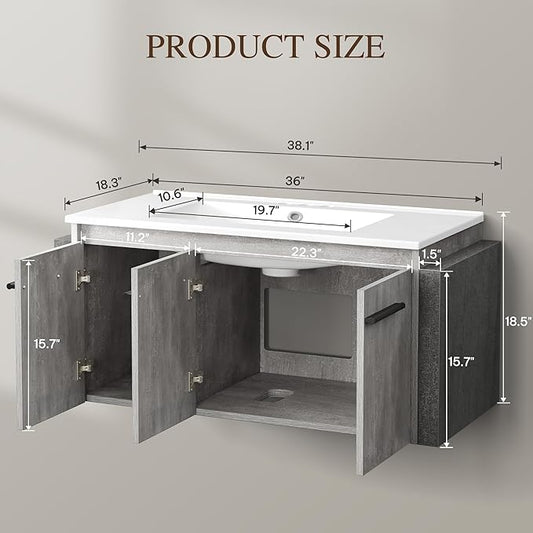 YITAHOME 38 Inch Floating Bathroom Vanity with Sink, Wall Mounted Modern Bathroom Vanity, Bathroom Cabinet Vanity with Three Extra Large Doors