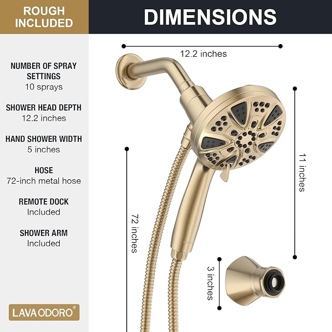 Handheld Shower Head with Magnetic Docking System | 9-Function High Pressure Detachable Shower Head with Remote Dock, 5-inch Champagne Gold Showerhead, 72 Inch Hose, SH180-CB-D