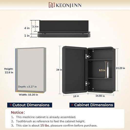 Keonjinn Black Medicine Cabinet 16 x 24 Inch, Bathroom Medicine Cabinet with Mirror, Heavy & Solid Stainless Steel Framed, Adjustable Shelves, Recessed or Wall Mount, Bathroom Mirror with Storage