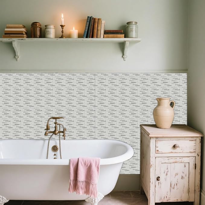 36 Pcs Tile Stickers White-Gray Texture Peel and Stick Long Strip Wall Tile Stickers Waterproof Self Adhesive Stick on Tiles Decals for Kitchen Bathroom Wall Art Decor, 4×4 Inch