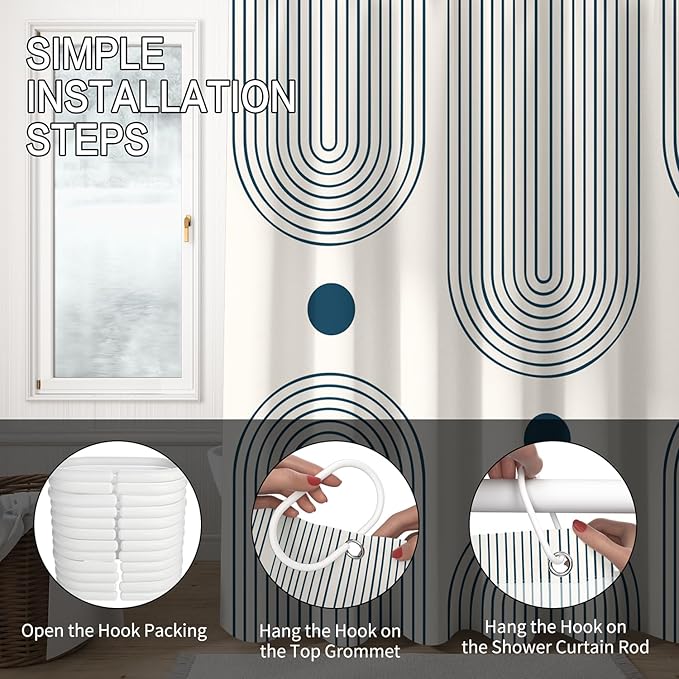 Mid Century Modern Shower Curtain Abstract Minimalist Arch Sun Lines Geometric Aesthetic Bath Curtain Boho Bathtub Decorations Waterproof Fabric Bathroom Curtains with Hooks 72x72 inch
