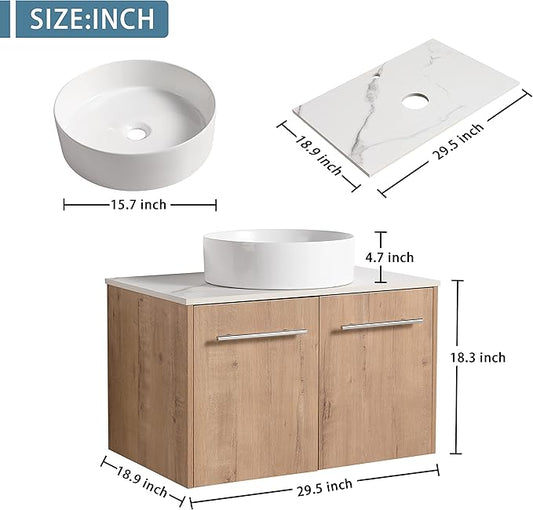30" Floating Vanity with Sink, 30 Inch Bathroom Vanity with Sink, Modern Plywood Floating Cabinet with Sintered Stone Countertop and White Ceramic Basin, Soft Close Doors