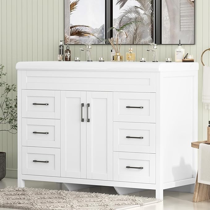 48 inch Bathroom Vanity with Double Sink, Modern Bathroom Storage Cabinet with Undermount Ceramic Sink, Soft Closing Doors and 6 Drawers, White