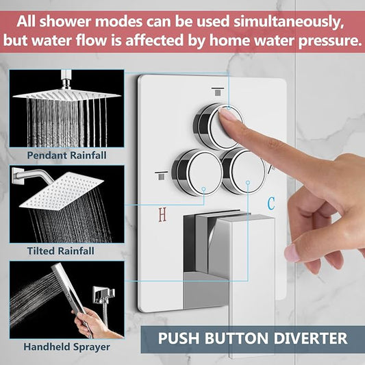 Aolemi Ceiling Shower Faucet Set System Dual Head 12&6 Inch Polish Chrome | 2 in 1 Handheld Spray,Shower Valve and Trim Kit,Push Button Diverter, 12"Top+6" Wall Rain Head,Bathroom Mixer for Couple