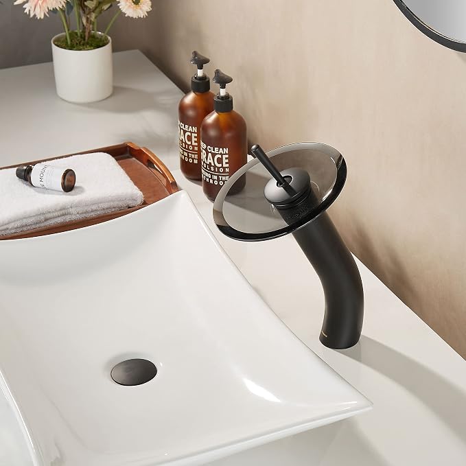 Waterfall Bathroom Faucet Glass Single Handle Solid Brass Basin Lavatory Vessel Sink Vanity Faucet, Tall, Black