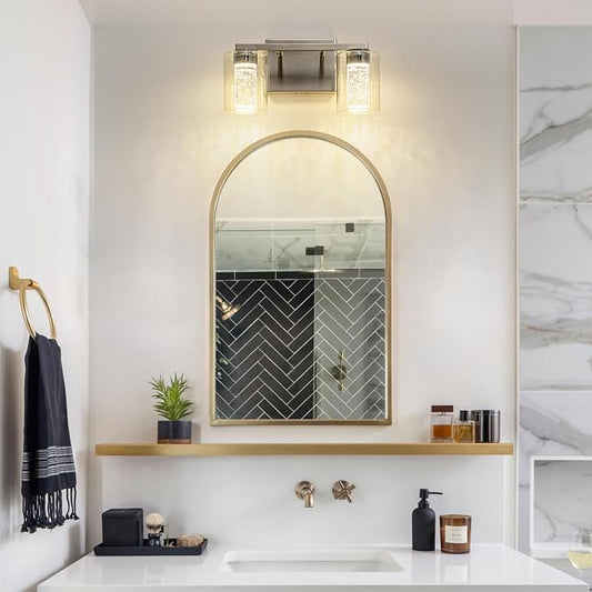 SineRise 2-Light Brushed Nickel Vanity Light with 3 Color Modes (3000K/4000K/6000K), Eye Protection LED Bathroom Light Fixture, Dimmable Modern Wall Light Over Mirror with Clear Glass Shade