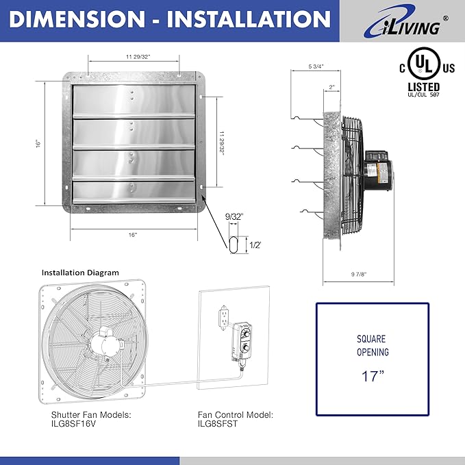 iLIVING 16" Wall Mounted Shutter Exhaust Fan, Automatic Shutter, with Thermostat and Variable Speed controller, 0.85A, 1200 CFM, 1800 SQF Coverage Area Silver (ILG8SF16V-ST)