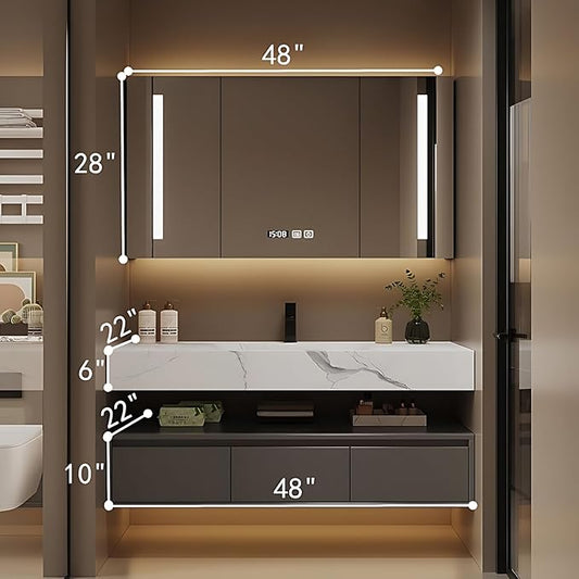 Bathroom Vanity with Sink - Single/Double Sink Bathroom Vanity Cabinet & LED Smart Defogger Mirror Cabinet Set, Modern Floating Vanity, Wall-Mounted Installation (48",Single Sink)