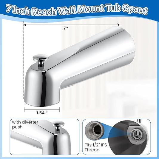 Dreyoo 7 Inch Bathroom Tub Spout Compatible with Westbrass E531D-1F-62, Fits Wall Front Mount Tub Spout with Shower Diverter 1/2'' IPS Inside Thread Bathtub Faucet (Chrome)