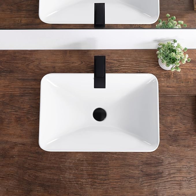 Bathroom Vessel Sink 21.6" X 14.3" Semi Recessed Bathroom Sink Rectangular Drop In Bathroom Sinks with Overflow White Ceramic Vessel Sinks for Bathroom Modern Above Counter Basin Vanity Sink